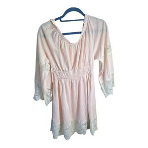 Vintage 60s Gilead Peach Lace‎ Trim Smocked Empire Waist Off Shoulder Nightgown